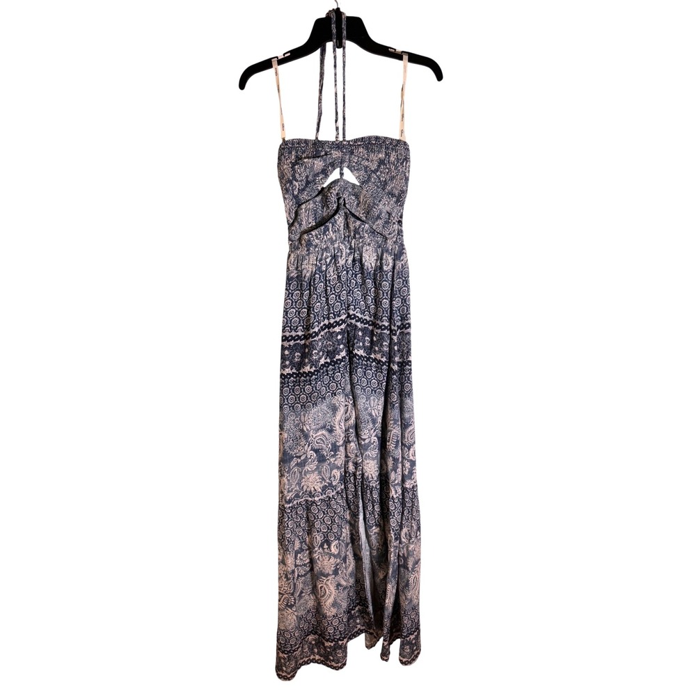 Shore Brand Blue Paisley Cotton Halter Maxi Dress Smocked Cutout Shell Tassels M